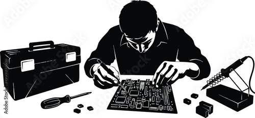 Black and white vector art showing man soldering electronic circuit board at desk with toolbox and screwdriver labor day themed technology repair horizontal composition