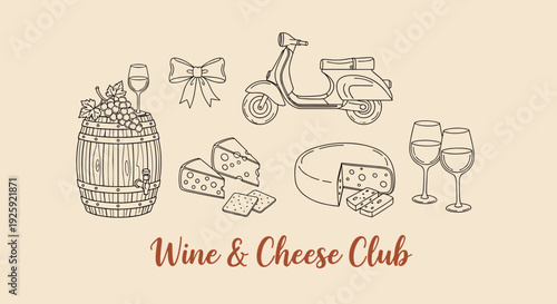 Wine and Cheese Club Hand Drawn Illustration Seamless Pattern Design