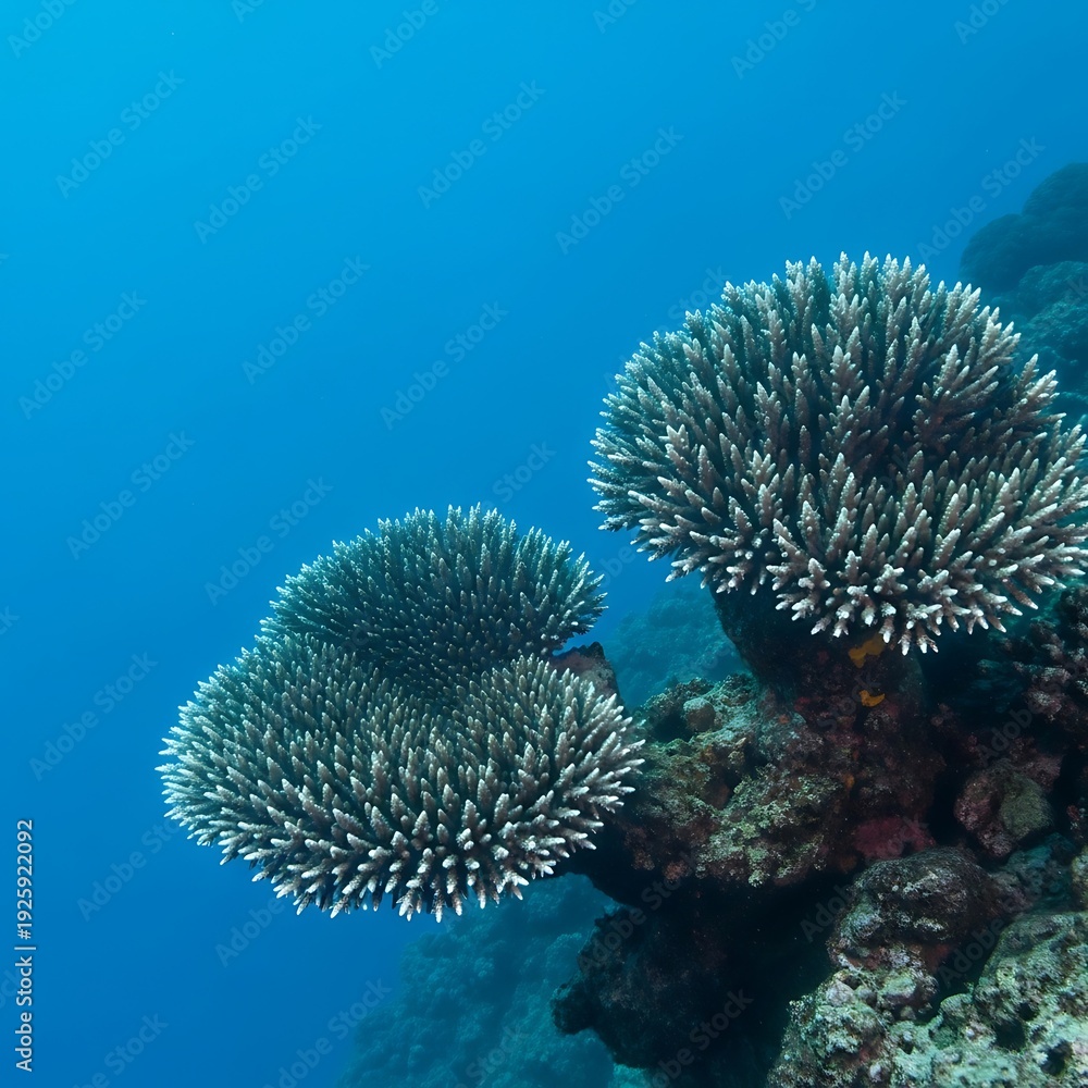 Obraz premium Vibrant coral formations thriving in the clear blue ocean depths.