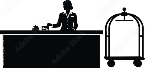 Minimalist black silhouette of hotel receptionist standing behind counter with service bell and bellhop luggage cart in vector style for labor day design and celebration