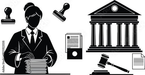 Vector art of professional woman sorting documents at office desk with stamps courthouse building and judge gavel symbols representing labor day celebration and legal work