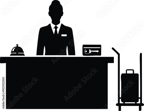 Minimalist vector art silhouette of hotel receptionist standing behind counter with luggage trolley and bell welcoming guests on labor day holiday celebration