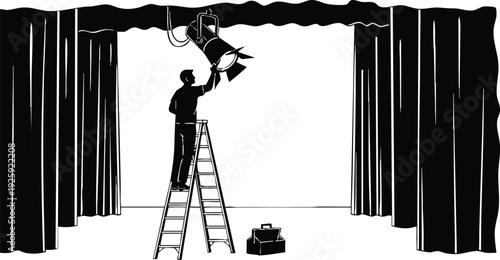 Minimalist black and white vector art of man on ladder adjusting stage spotlight between curtains with toolbox on floor for labor day event lighting setup scene