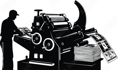 Monochrome vector art showing a factory worker operating a printing press machine producing newspapers in industrial setting labor day themed illustration