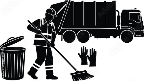 Black silhouette vector of sanitation worker sweeping street near trash can and garbage truck with protective gloves labor day themed design