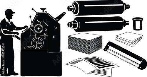 Silhouette of man operating printing press machine with printing rollers stacks of paper and cutting blade black and white vector flat design labor day theme