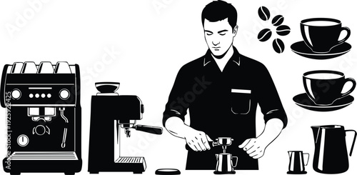 Minimalist black and white vector art of barista preparing espresso coffee with coffee machines cups coffee beans kettle and milk jug detailed flat design illustration