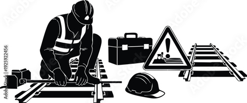 Black and white vector art of labor day construction worker kneeling fixing railway tracks with hard hat toolbox and warning sign on plain white background