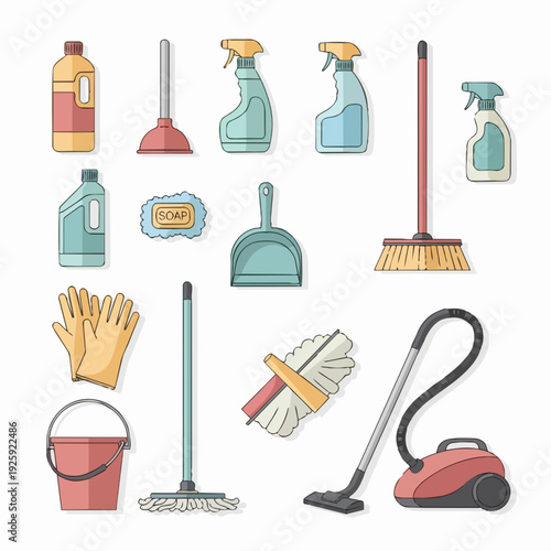Collection of cleaning supplies and tools for home hygiene.