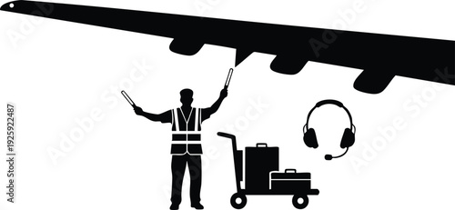 Silhouette of ground crew worker guiding large airplane wing with luggage cart and headset icon in black and white vector art style