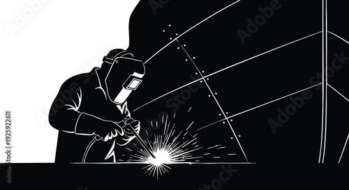 Black and white vector art of welder wearing protective helmet welding metal structure producing sparks industrial labor day theme minimalist flat design