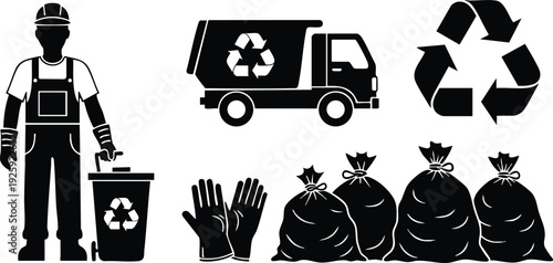 Black silhouette worker wearing gloves placing recycling bin near garbage bags and recycling truck with recycle symbol flat design vector laborday canva svg concept