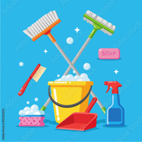 Cleaning supplies including bucket soap spray bottle and brushes.