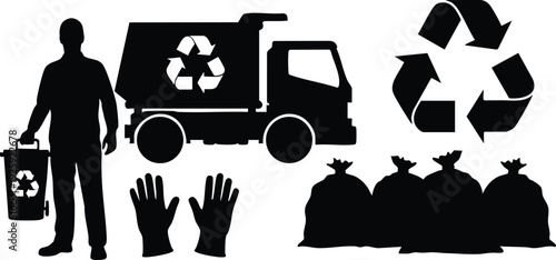 Minimalist vector art showing silhouette of man holding recycling bin near garbage truck with recycling symbol and trash bags for labor day environmental awareness campaign