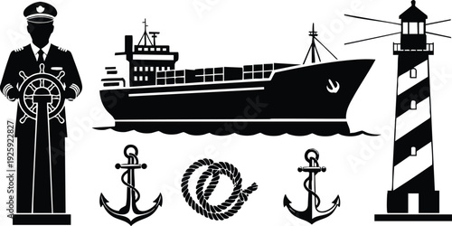 Minimalist black silhouette nautical vector set featuring ship captain steering wheel cargo ship lighthouse anchors and coiled rope nautical elements