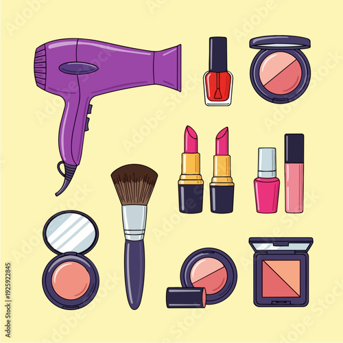 Collection of beauty and hair care products arranged on a light background.
