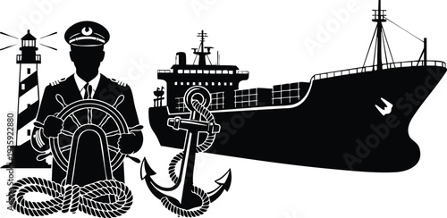 Silhouette of ship captain steering wheel with large cargo ship lighthouse and anchor nautical maritime vector art design