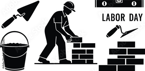 Black silhouette of construction worker laying bricks with trowel bucket and level tools labor day celebration vector art design