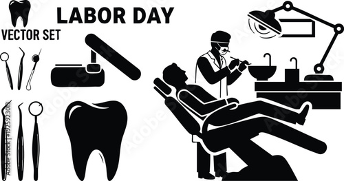 Black and white vector art showing dentist working on patient in dental chair with door tools and labor day text celebrating healthcare workers in medical office setting