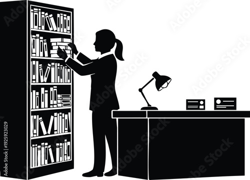 Minimalist black silhouette of woman standing near bookshelf taking book with office desk and lamp in simple flat design for labor day celebration vector art