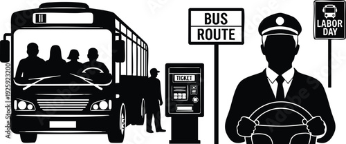 Black and white vector art of bus driver holding steering wheel with passengers inside urban city bus showing bus route and labor day signs in flat design