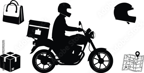 Black silhouette delivery person riding motorcycle with helmet carrying package box near map bag and helmet icons in flat vector design style for labor day celebration
