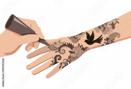 Professional Henna Artist Drawing Traditional Mehndi Pattern with Floral and Bird Motifs Vector on White