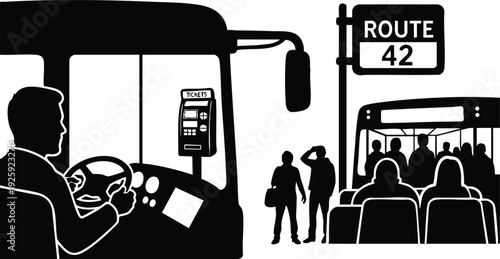 Black and white vector art of male bus driver steering city bus with passengers boarding at route 42 stop in urban public transportation scene flat design illustration