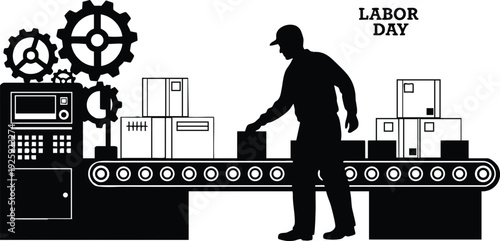 Black silhouette of factory worker placing boxes on conveyor belt with industrial gears and machinery in background labor day celebration vector art