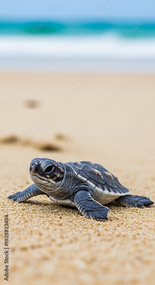 Obraz premium Baby Sea Turtles First Journey to the Ocean on Sandy Beach.
