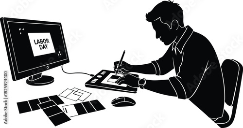 Black and white flat design vector art of man using graphic tablet drawing labor day typography on computer monitor at office desk creative work illustration