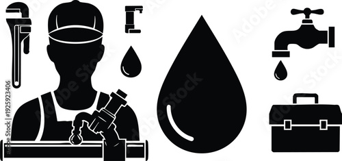 Black silhouette vector art of plumber with wrench pipe and dripping water drop icons representing labor day plumbing work concept illustration design