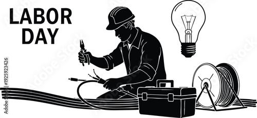 Minimalist black silhouette of electrician fixing wires with pliers and toolbox beside cable reel and light bulb celebrating labor day vector design concept