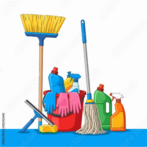 Cleaning supplies including mop broom and gloves.