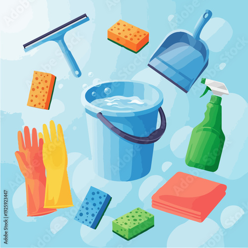 Collection of cleaning supplies and tools for household chores.