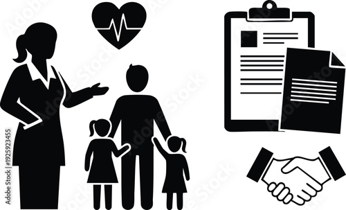 Flat design vector art showing healthcare provider explaining health heart rate to family with children next to document clipboard and handshake icon representing agreement or support