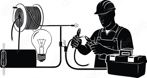 Vector art of male electrician working on wiring with pliers near toolbox and coil of wire showing light bulb symbol for labor day celebration holiday icon design