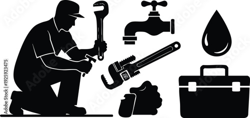 Silhouette of plumber kneeling holding pipe wrench near toolbox water drop and faucet icons labor day vector flat design illustration in black and white style
