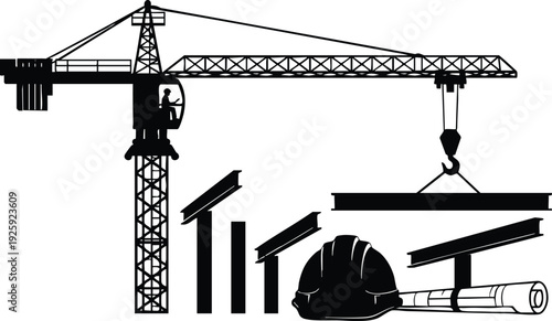 Vector art of tower crane lifting beam with construction helmet and blueprint celebrating labor day work safety and building industry concept in black silhouette