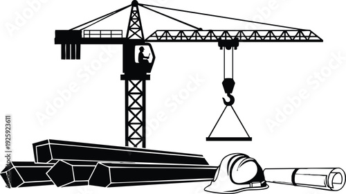Black silhouette vector art of tower crane lifting beam with construction worker in cabin with hard hat and blueprint laying on ground labor day themed design