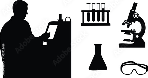 Silhouette of scientist working on laboratory equipment with microscope test tubes flask and safety goggles vector illustration representing lab research technology and science