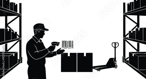 Black and white vector art of warehouse worker scanning barcode on package near pallet jack and shelves in industrial storage facility for labor day celebration