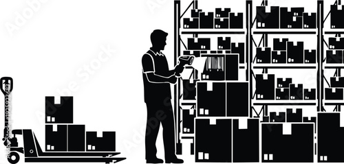 Black silhouette vector art of warehouse worker checking inventory boxes on industrial shelves with pallet jack loaded with cartons during labor day celebration in storage facility