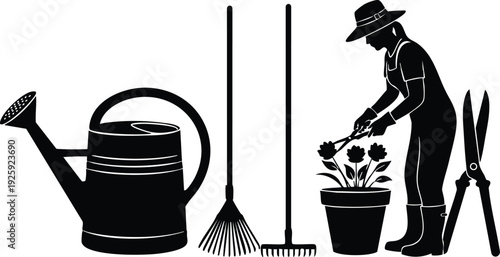 Silhouette of gardener trimming flowers in pot with watering can rake and hedge shears garden tools flat design vector art seasonal labor day gardening theme