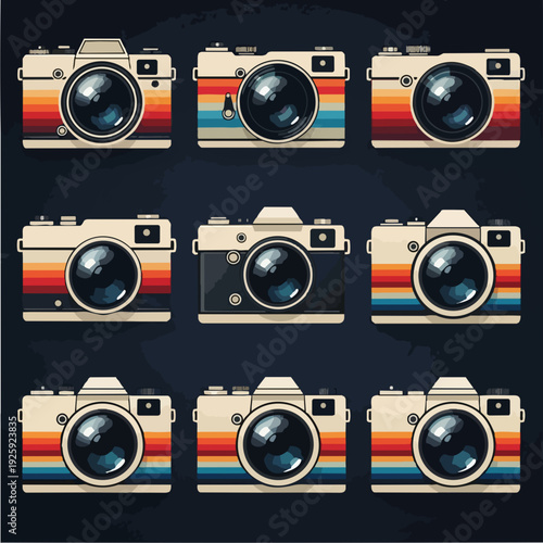 Collection of vintage retro cameras in a grid pattern.