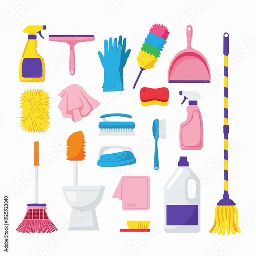 Collection of cleaning supplies and tools for home hygiene.