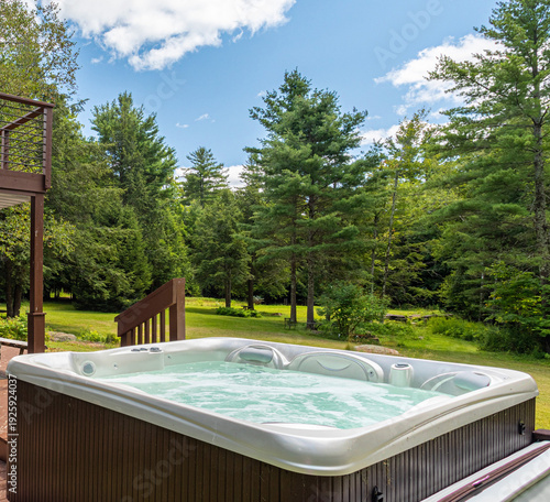 Bild auf Leinwand Outdoor Hot Tub on Wooden Deck Overlooking Lush Green Backyard and Forest Under