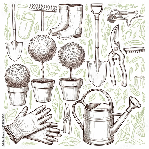 Gardening tools and plants illustration in sketch style.