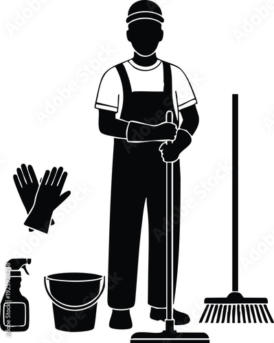 Vector art silhouette of a standing janitor holding mop with cleaning equipment including bucket spray bottle rubber gloves and broom isolated on white background for labor day celebration