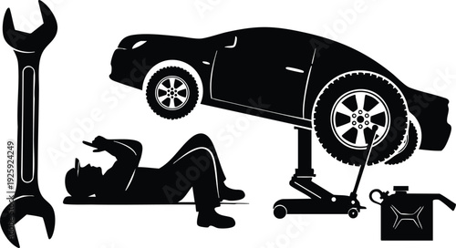 Silhouette mechanic lying under car doing repairs on automobile lifted by jack wrench and fuel can vector flat design illustration for labor day celebration concept